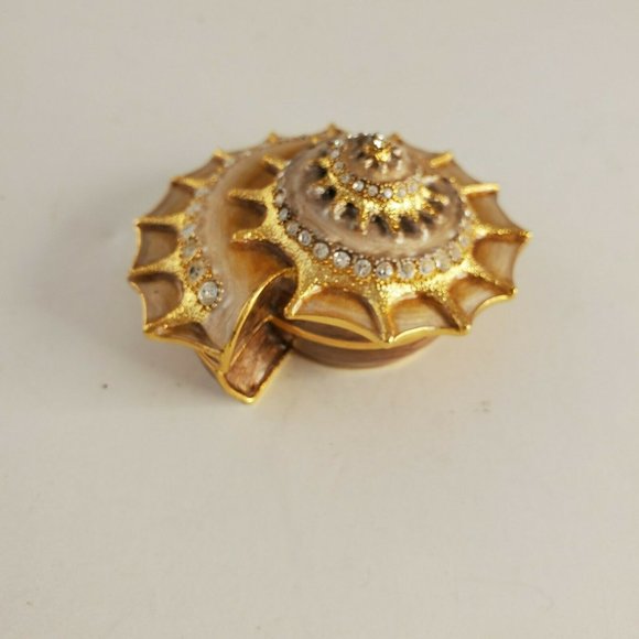 Bejeweled Enamel Inlay Sea Shell Hinged Trinket Box Rhinestones Gold - Picture 3 of 10